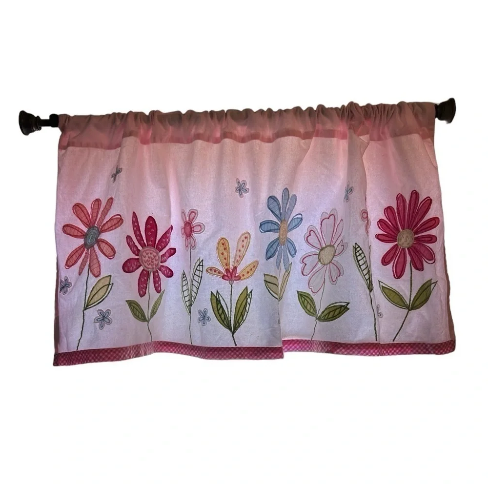 POTTERY BARN KIDS Pink Daisy Garden Flower Embroidered Valance Lot Of 2